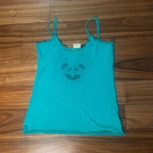 Volcom Reality Bites Tank Top‎ Embroidered Teal Green Sleeveless Size M